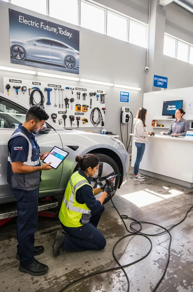 Technician providing range-friendly maintenance advice to a customer in a bright, clean garage.