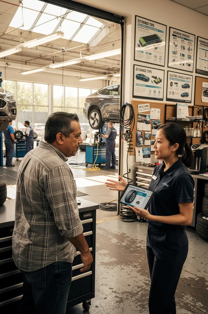 Auto mechanic using diagnostic tools to evaluate electric vehicle tire pressure and brake health.